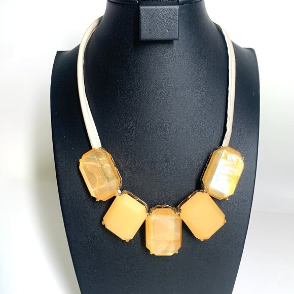 Faux Leather Rope Statement Necklace With Five Faux Gem Pendants White & Amber - Picture 1 of 3